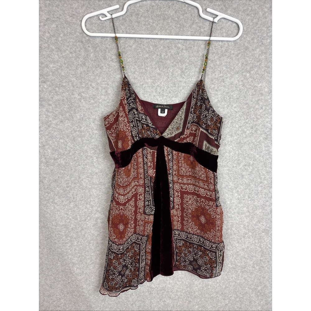Vintage Y2K Anna Paul Cami Tank Size M Silk Multicolor Babydoll Velvet Chains